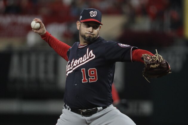 Washington Nationals starting pitcher Anibal Sanchez throws during the second inning of Game 1 of the baseball National League Championship Series against the St. Louis Cardinals Friday, Oct. 11, 2019, in St. Louis. (AP Photo/Mark Humphrey)