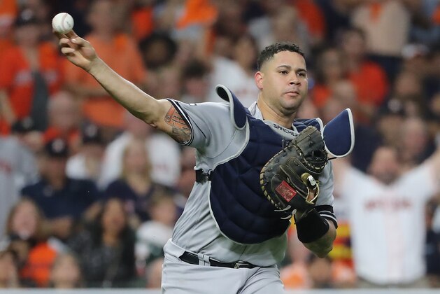 HOUSTON, TEXAS - OCTOBER 19:  Gary Sanchez #24 of the New York Yankees attempts to throw out Martin Maldonado (not pictured) of the Houston Astros during the fifth inning in game six of the American League Championship Series at Minute Maid Park on October 19, 2019 in Houston, Texas. (Photo by Elsa/Getty Images)