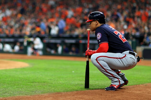 HOUSTON, TEXAS - OCTOBER 23:  Juan Soto #22 of the Washington Nationals waits on deck against the Houston Astros during the fifth inning in Game Two of the 2019 World Series at Minute Maid Park on October 23, 2019 in Houston, Texas. (Photo by Mike Ehrmann/Getty Images)