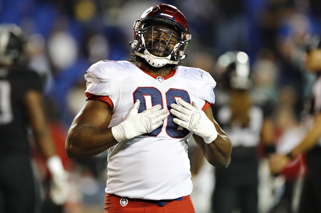 MEMPHIS, TN - MARCH24: Corey Vereen #98 of the Memphis Express signals to the sidelines during a game against the Birmingham Iron at the Liberty Bowl Memorial Stadium on March 24, 2019 in Memphis, Tennessee. The Express defeated the Iron 31-25.  (Photo by Wesley Hitt/AAF/Getty Images)