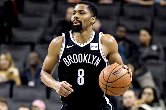 NEW YORK, NEW YORK - OCTOBER 18:  Spencer Dinwiddie #8 of the Brooklyn Nets handles the ball on offense against the Toronto Raptors at Barclays Center on October 18, 2019 in New York, New York. (Photo by Steven Ryan/Getty Images)