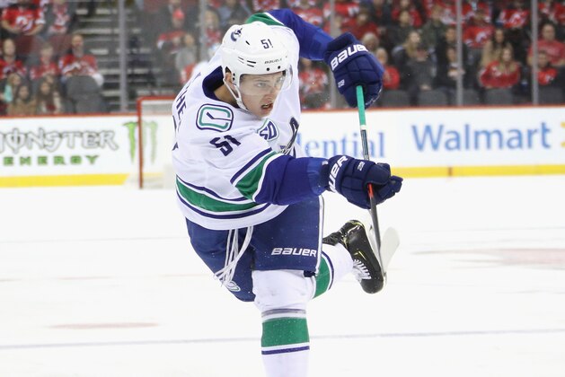 NEWARK, NEW JERSEY - OCTOBER 19: Troy Stecher #51 of the Vancouver Canucks skates against the New Jersey Devils at the Prudential Center on October 19, 2019 in Newark, New Jersey. (Photo by Bruce Bennett/Getty Images)