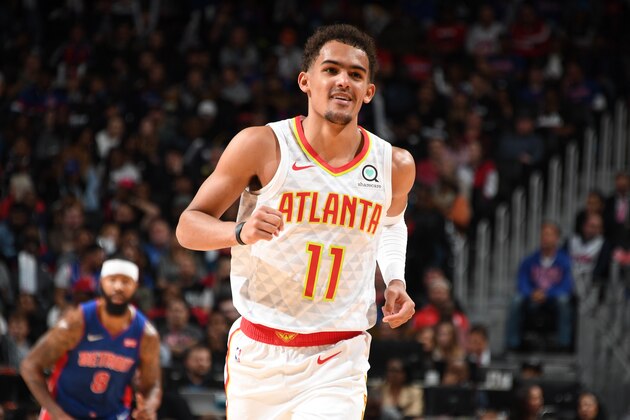 DETROIT, MI - OCTOBER 24:  Trae Young #11 of the Atlanta Hawks smiles against the Detroit Pistons on October 24, 2019 at Little Caesars Arena in Detroit, Michigan. NOTE TO USER: User expressly acknowledges and agrees that, by downloading and/or using this photograph, User is consenting to the terms and conditions of the Getty Images License Agreement. Mandatory Copyright Notice: Copyright 2019 NBAE (Photo by Chris Schwegler/NBAE via Getty Images)