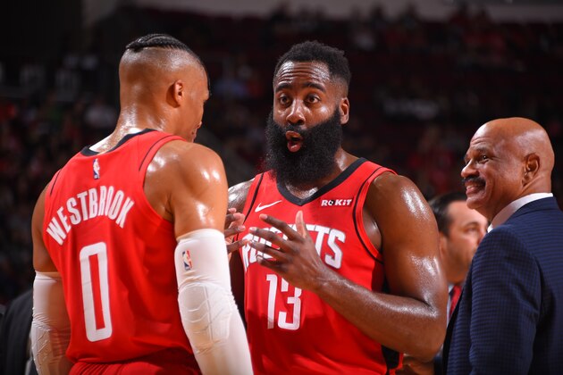 HOUSTON, TX - October 24 : James Harden #13 and Russell Westbrook #0 of the Houston Rockets talk during a game against the Milwaukee Bucks on October 24, 2019 at the Toyota Center in Houston, Texas. NOTE TO USER: User expressly acknowledges and agrees that, by downloading and or using this photograph, User is consenting to the terms and conditions of the Getty Images License Agreement. Mandatory Copyright Notice: Copyright 2019 NBAE (Photo by Bill Baptist/NBAE via Getty Images)