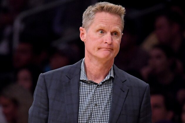 LOS ANGELES, CALIFORNIA - OCTOBER 14:  Head coach Steve Kerr of the Golden State Warriors reacts to play during the first half against the Los Angeles Lakers at Staples Center on October 14, 2019 in Los Angeles, California. (Photo by Harry How/Getty Images)