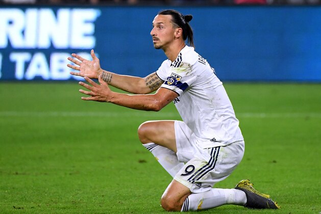 LOS ANGELES, CALIFORNIA - OCTOBER 24:  Zlatan Ibrahimovic #9 of Los Angeles Galaxy reacts to the referee for a foul during a 5-3 LAFC win in the Western Conference Semifinals at Banc of California Stadium on October 24, 2019 in Los Angeles, California. (Photo by Harry How/Getty Images)