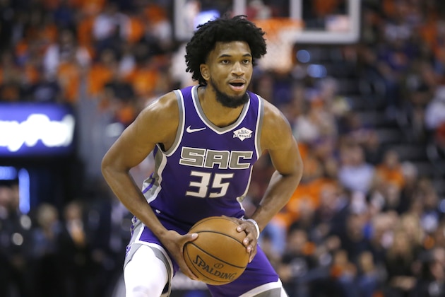 Sacramento Kings forward Marvin Bagley III (35) in the first half during an NBA basketball game against the Phoenix Suns, Wednesday, Oct. 23, 2019, in Phoenix. (AP Photo/Rick Scuteri)