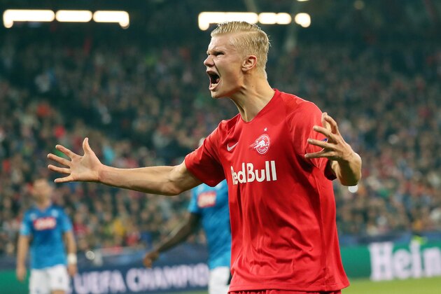 Salzburg's Norwegian forward Erling Haaland reacts during the UEFA Champions League Group E football match FC Red Bull Salzburg v SSC Napoli on 23 October 2019 in Salzburg, Austria. (Photo by STRINGER / various sources / AFP) / Austria OUT (Photo by STRINGER/KRUGFOTO/AFP via Getty Images)
