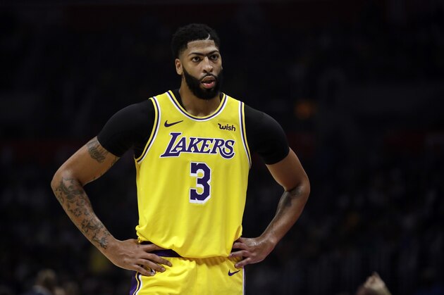 Los Angeles Lakers' Anthony Davis (3) during the first half of an NBA basketball game against the Los Angeles Clippers Tuesday, Oct. 22, 2019, in Los Angeles. (AP Photo/Marcio Jose Sanchez)