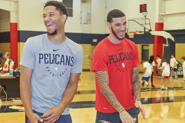 METAIRIE, LA - SEPTEMBER 8: Lonzo Ball and Josh Hart of the New Orleans Pelicans smile and laugh at the Team Gleason Camp in Metairie, Louisiana at Ochsner Sports Performance Center on September 8, 2019. NOTE TO USER: User expressly acknowledges and agrees that, by downloading and or using this Photograph, user is consenting to the terms and conditions of the Getty Images License Agreement. Mandatory Copyright Notice: Copyright 2019 NBAE (Photo by Layne Murdoch Jr./NBAE via Getty Images)