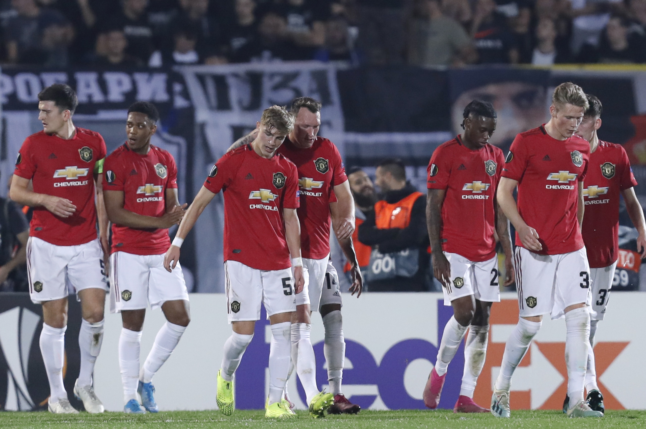 Manchester players celebrate their side's first goal during the Europa League group L soccer match between Partizan Belgrade and Manchester United at the Partizan stadium in Belgrade, Serbia, Thursday, Oct. 24, 2019. (AP Photo/Darko Vojinovic) Manchester players celebrate their side's first goal during the Europa League group L soccer match between Partizan Belgrade and Manchester United at the Partizan stadium in Belgrade, Serbia, Thursday, Oct. 24, 2019. (AP Photo/Darko Vojinovic)