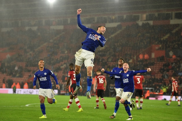 Leicester City's English striker Jamie Vardy celebrates scoring his team's ninth goal from the penalty spot during the English Premier League football match between Southampton and Leicester City at St Mary's Stadium in Southampton, southern England on October 25, 2019. (Photo by Glyn KIRK / AFP) / RESTRICTED TO EDITORIAL USE. No use with unauthorized audio, video, data, fixture lists, club/league logos or 'live' services. Online in-match use limited to 120 images. An additional 40 images may be used in extra time. No video emulation. Social media in-match use limited to 120 images. An additional 40 images may be used in extra time. No use in betting publications, games or single club/league/player publications. /  (Photo by GLYN KIRK/AFP via Getty Images)