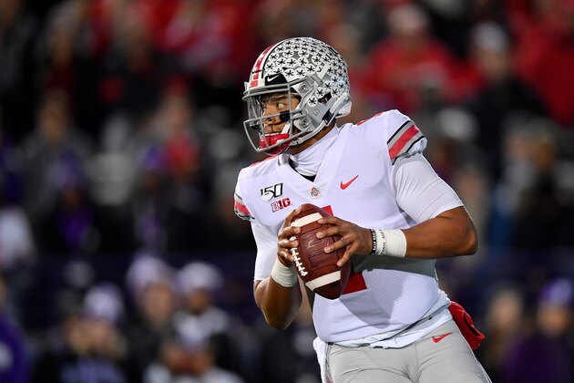 EVANSTON, ILLINOIS - OCTOBER 18: Justin Fields #1 of the Ohio State Buckeyes looks to pass the football in the first quarter against the Northwestern Wildcats at Ryan Field on October 18, 2019 in Evanston, Illinois. (Photo by Quinn Harris/Getty Images)