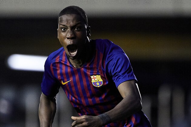BARCELONA, SPAIN - MARCH 12: Moriba Kourouma Kourouma of FC Barcelona U19 celebrating his goal during the UEFA Youth League round of 16 round 2 at Mini Estadi on March 12, 2019 in Barcelona, Spain.  (Photo by Quality Sport Images/Getty Images)