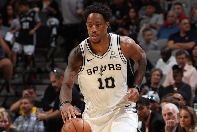 SAN ANTONIO, TX - OCTOBER 13: DeMar DeRozan #10 of the San Antonio Spurs handles the ball against the New Orleans Pelicans during a pre-season game on October 13, 2019 at the AT&T Center in San Antonio, Texas. NOTE TO USER: User expressly acknowledges and agrees that, by downloading and or using this photograph, user is consenting to the terms and conditions of the Getty Images License Agreement. Mandatory Copyright Notice: Copyright 2019 NBAE (Photos by Joe Murphy/NBAE via Getty Images)