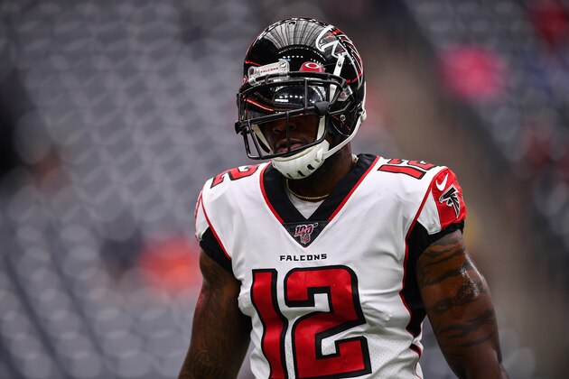 HOUSTON, TEXAS - OCTOBER 06: Mohamed Sanu #12 of the Atlanta Falcons warms up prior to the game against the Houston Texans at NRG Stadium on October 06, 2019 in Houston, Texas. (Photo by Mark Brown/Getty Images)