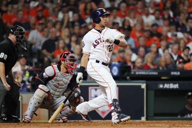 HOUSTON, TEXAS - OCTOBER 23:  Michael Brantley #23 of the Houston Astros grounds out against the Washington Nationals during the seventh inning in Game Two of the 2019 World Series at Minute Maid Park on October 23, 2019 in Houston, Texas. (Photo by Elsa/Getty Images)