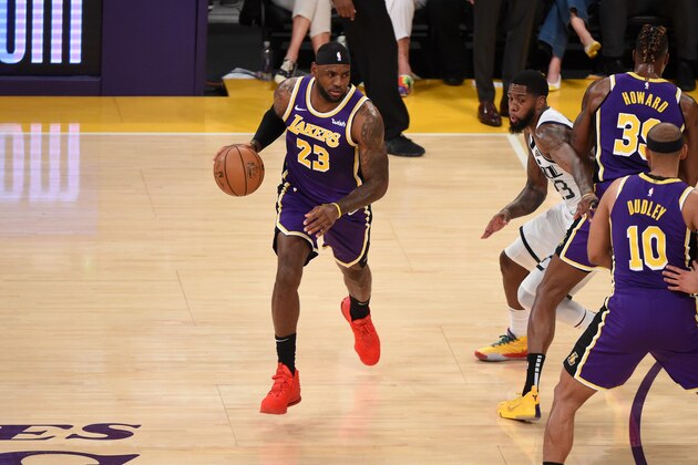 LOS ANGELES, CA - OCTOBER 25: LeBron James #23 of the Los Angeles Lakers handles the ball against the Utah Jazz on October 25, 2019 at STAPLES Center in Los Angeles, California. NOTE TO USER: User expressly acknowledges and agrees that, by downloading and/or using this Photograph, user is consenting to the terms and conditions of the Getty Images License Agreement. Mandatory Copyright Notice: Copyright 2019 NBAE (Photo by Adam Pantozzi/NBAE via Getty Images)