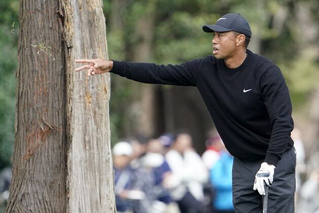 Tiger Woods of the United States throws grass into the air on the 9th hole during the first round of the Zozo Championship PGA Tour at the Accordia Golf Narashino country club in Inzai, east of Tokyo, Japan, Thursday, Oct. 24, 2019. (AP Photo/Lee Jin-man)