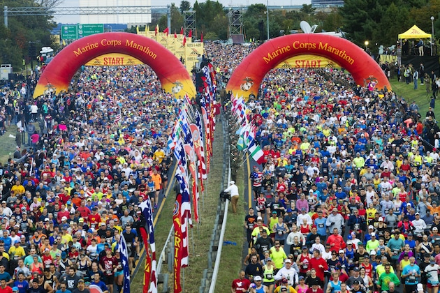 Runners start the 43rd Marine Corps Marathon, Sunday, Oct. 28, 2018, in Arlington, Va. (AP Photo/Jose Luis Magana)
