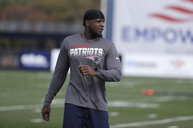 New England Patriots wide receiver Mohamed Sanu warms up during an NFL football practice, Wednesday, Oct. 23, 2019, in Foxborough, Mass. (AP Photo/Steven Senne)
