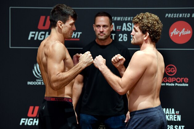 SINGAPORE, SINGAPORE - OCTOBER 25:  (L-R) Demian Maia of Brazil and Ben Askren face off during the UFC Fight Night weigh-in at the Mandarin Oriental on October 25, 2019 in Singapore, Singapore. (Photo by Jeff Bottari/Zuffa LLC via Getty Images)