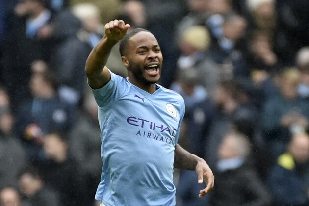 Manchester City's Raheem Sterling celebrates after scoring his side's first goal during the English Premier League soccer match between Manchester City and Aston Villa at Etihad stadium in Manchester, England, Saturday, Oct. 26, 2019. (AP Photo/Rui Vieira)