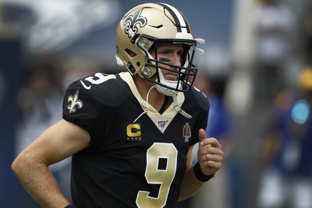 LOS ANGELES, CALIFORNIA - SEPTEMBER 15:  Drew Brees #9 of the New Orleans Saints enters the field prior to a game against the Los Angeles Rams at Los Angeles Memorial Coliseum on September 15, 2019 in Los Angeles, California. (Photo by Sean M. Haffey/Getty Images)