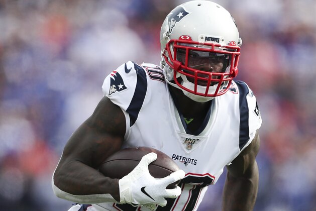 New England Patriots wide receiver Josh Gordon (10) plays against the Buffalo Bills in the second half of an NFL football game, Sunday, Sept. 29, 2019, in Orchard Park, N.Y. (AP Photo/Ron Schwane)