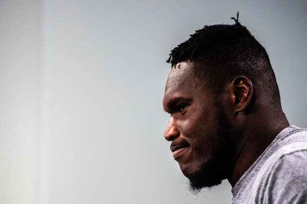 FLORHAM PARK, NJ - JUNE 04: Kelechi Osemele #70 of the New York Jets speaks with the media after mandatory minicamp at The Atlantic Health Jets Training Center on June 4, 2019 in Florham Park, New Jersey. (Photo by Mark Brown/Getty Images)