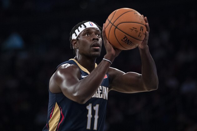 New Orleans Pelicans guard Jrue Holiday shoots a free throw during the first half of a preseason NBA basketball game against the New York Knicks, Friday, Oct. 18, 2019, at Madison Square Garden in New York. (AP Photo/Mary Altaffer)