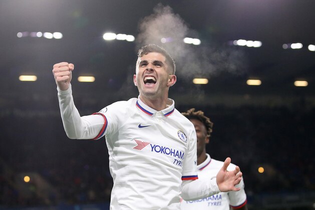 BURNLEY, ENGLAND - OCTOBER 26: Christian Pulisic of Chelsea celebrates after scoring his team's third goal during the Premier League match between Burnley FC and Chelsea FC at Turf Moor on October 26, 2019 in Burnley, United Kingdom. (Photo by Jan Kruger/Getty Images)