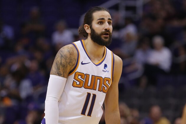 Phoenix Suns guard Ricky Rubio (11) in the first half during a preseason NBA basketball game against the Minnesota Timberwolves, Tuesday, Oct. 8, 2019, in Phoenix. (AP Photo/Rick Scuteri)