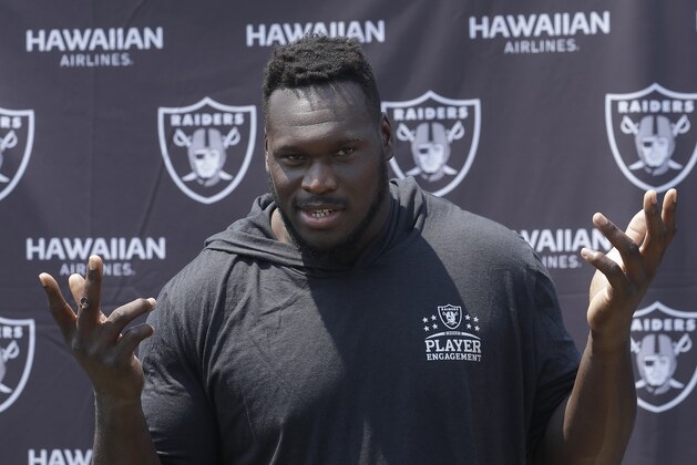 Oakland Raiders offensive guard Kelechi Osemele speaks at a news conference after an NFL football practice in Napa, Calif., Saturday, July 28, 2018. (AP Photo/Jeff Chiu) Oakland Raiders offensive guard Kelechi Osemele speaks at a news conference after an NFL football practice in Napa, Calif., Saturday, July 28, 2018. (AP Photo/Jeff Chiu)