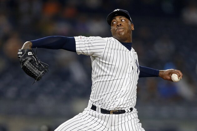 New York Yankees pitcher Aroldis Chapman delivers a pitch during the ninth inning of the team's baseball game against the Houston Astros on Thursday, June 20, 2019, in New York. The Yankees won 10-6. (AP Photo/Adam Hunger)