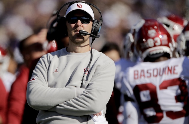 Oklahoma head coach Lincoln Riley watches during the first half of an NCAA college football game against Kansas State, Saturday, Oct. 26, 2019, in Manhattan, Kan. (AP Photo/Charlie Riedel)