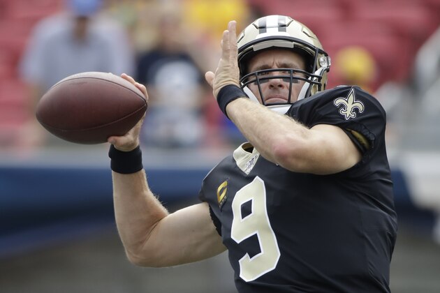 New Orleans Saints quarterback Drew Brees warms up before an NFL football game against the Los Angeles Rams Sunday, Sept. 15, 2019, in Los Angeles. (AP Photo/Marcio Jose Sanchez)