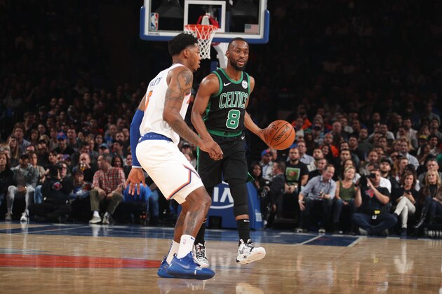 NEW YORK, NY - OCTOBER 26: Kemba Walker #8 of the Boston Celtics handles the ball against the New York Knicks on October 26, 2019 at Madison Square Garden in New York City, New York. NOTE TO USER: User expressly acknowledges and agrees that, by downloading and or using this photograph, User is consenting to the terms and conditions of the Getty Images License Agreement. Mandatory Copyright Notice: Copyright 2019 NBAE  (Photo by Nathaniel S. Butler/NBAE via Getty Images)