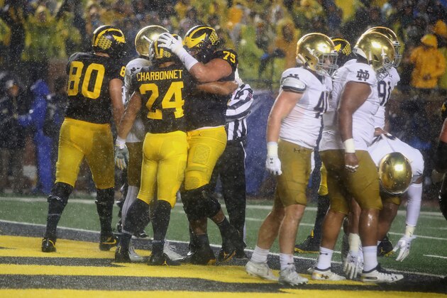 ANN ARBOR, MICHIGAN - OCTOBER 26:  Zach Charbonnet #24 of the Michigan Wolverines celebrates a first half touchdown with teammates while playing the Notre Dame Fighting Irish at Michigan Stadium on October 26, 2019 in Ann Arbor, Michigan. (Photo by Gregory Shamus/Getty Images)