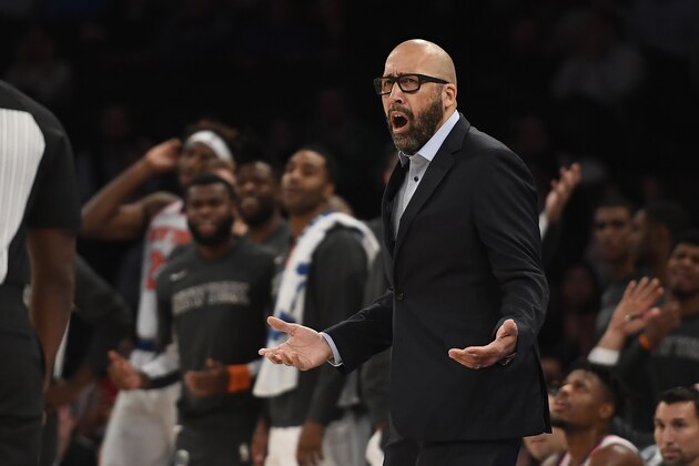 NEW YORK, NEW YORK - OCTOBER 16: Head coach David Fizdale of the New York Knicks reacts during the fourth quarter of the preseason game against the Atlanta Hawks at Madison Square Garden on October 16, 2019 in New York City. NOTE TO USER: User expressly acknowledges and agrees that, by downloading and or using this Photograph, user is consenting to the terms and conditions of the Getty Images License Agreement. Mandatory Copyright Notice: Copyright 2019 NBAE (Photo by Sarah Stier/Getty Images)
