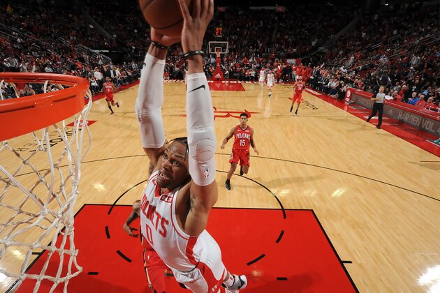 HOUSTON, TX - OCTOBER 26: Russell Westbrook #0 of the Houston Rockets dunks the ball against the New Orleans Pelicans on October 26, 2019 at the Toyota Center in Houston, Texas. NOTE TO USER: User expressly acknowledges and agrees that, by downloading and or using this photograph, User is consenting to the terms and conditions of the Getty Images License Agreement. Mandatory Copyright Notice: Copyright 2019 NBAE (Photo by Bill Baptist/NBAE via Getty Images)