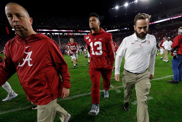 TUSCALOOSA, ALABAMA - OCTOBER 26:  Tua Tagovailoa #13 of the Alabama Crimson Tide walks off the field after their 48-7 win over the Arkansas Razorbacks at Bryant-Denny Stadium on October 26, 2019 in Tuscaloosa, Alabama. (Photo by Kevin C. Cox/Getty Images)