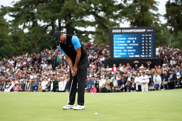 INZAI, JAPAN - OCTOBER 27: Tiger Woods of the United States attempts a putt on the 9th green during the third round of the Zozo Championship at Accordia Golf Narashino Country Club on October 27, 2019 in Inzai, Chiba, Japan. (Photo by Chung Sung-Jun/Getty Images)
