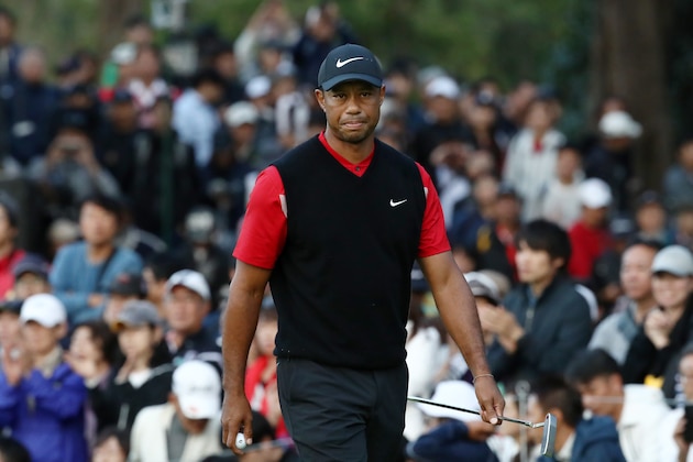 INZAI, JAPAN - OCTOBER 27: Tiger Woods of the United States reacts on the 9th green during the final round of the Zozo Championship at Accordia Golf Narashino Country Club on October 27, 2019 in Inzai, Chiba, Japan. (Photo by Chung Sung-Jun/Getty Images)