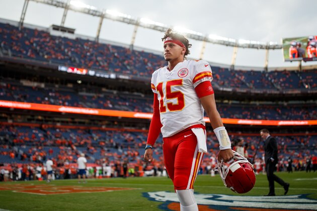 DENVER, CO - OCTOBER 17:  Quarterback Patrick Mahomes #15 of the Kansas City Chiefs walks off the field before a game against the Denver Broncos at Empower Field at Mile High on October 17, 2019 in Denver, Colorado. (Photo by Justin Edmonds/Getty Images)