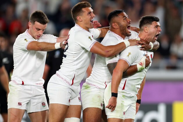 YOKOHAMA, JAPAN - OCTOBER 26:  Ben Youngs of England celebrates with team-mates Manu Tuilagi, Henry Slade and George Ford after scoring a disallowed try during the Rugby World Cup 2019 Semi-Final match between England and New Zealand at International Stadium Yokohama on October 26, 2019 in Yokohama, Kanagawa, Japan. (Photo by Shaun Botterill/Getty Images)