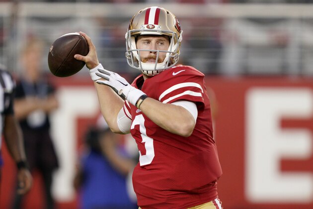 San Francisco 49ers quarterback C.J. Beathard (3) throws a pass against the Los Angeles Chargers during the first half of an NFL preseason football game in Santa Clara, Calif., Thursday, Aug. 29, 2019. (AP Photo/Tony Avelar)