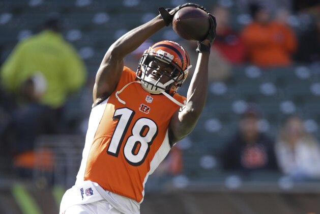 Cincinnati Bengals wide receiver A.J. Green before an NFL football game against the Jacksonville Jaguars in Cincinnati, Sunday, Nov. 2, 2014. (AP Photo/AJ Mast)