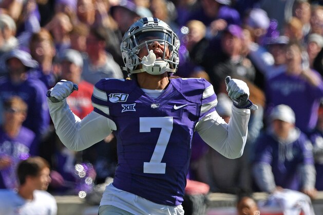 MANHATTAN, KS - OCTOBER 26:  Defensive back Kevion McGee #7 of the Kansas State Wildcats reacts after the Wildcats recover a fumble on a kick-off against the Oklahoma Sooners during the second half at Bill Snyder Family Football Stadium on October 26, 2019 in Manhattan, Kansas. (Photo by Peter G. Aiken/Getty Images)