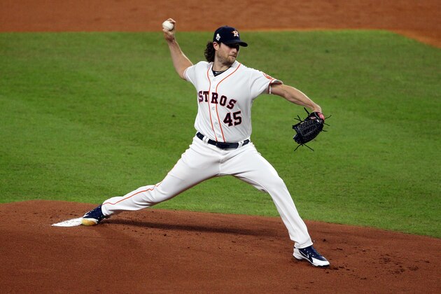 HOUSTON, TEXAS - OCTOBER 22:  Gerrit Cole #45 of the Houston Astros delivers the pitch against the Washington Nationals during the first inning in Game One of the 2019 World Series at Minute Maid Park on October 22, 2019 in Houston, Texas. (Photo by Bob Levey/Getty Images)